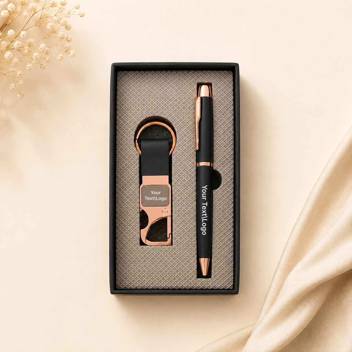Personalised Engraved Premium Pen & Keychain Gift Set – Black & Rose Gold