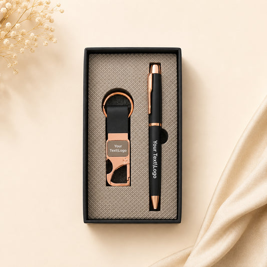 Personalised Engraved Premium Pen & Keychain Gift Set – Black & Rose Gold